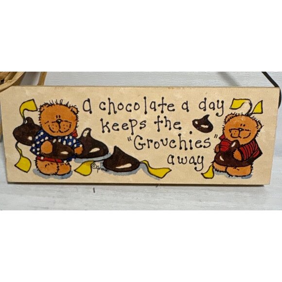 Handcrafted Wooden Wall Plaque  Chocolate Themed Bear Design 5 x 2" - Picture 2 of 5